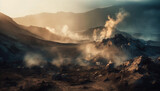 Fototapeta  - Erupting mountain peak spews smoke, ash, and dangerous flames generated by AI