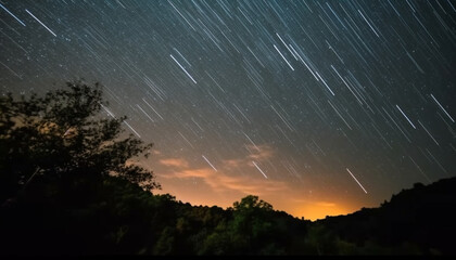 Sticker - Silhouette of trees illuminated by star trail in vibrant sky generated by AI