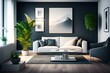 Wide-angle, detailed shot: IKEA-inspired minimalist living room with light bloom, cinematic ambiance. Cozy setting with plants, large art canvas, hardwood flooring, white walls, and rich textiles.