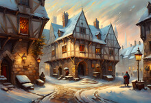 Snow Covered Old Fashioned English Town In Winter At Twilight With Ancient Houses Illuminated By Lamps At Twilight