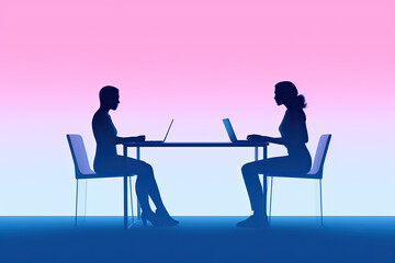 Poster - Vector illustration of two businesswoman working on laptops at the table