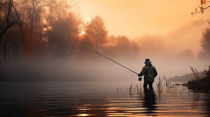 Wall Mural - fisherman with a fishing rod catches fish on the river