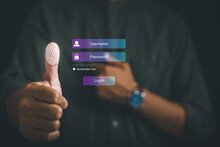 Ensure your privacy with thumbs up and virtual fingerprint scan. Biometric identity verification access password for comprehensive technology security. Protect personal information in digital realm