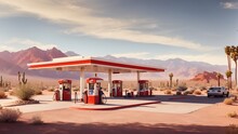 Photo Of A View Of A Gas Station In The Middle Of The Desert, Made By AI Generative