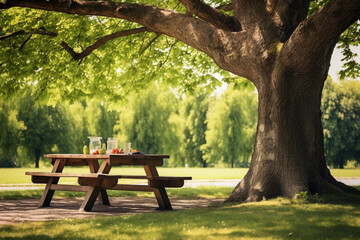 Wall Mural - Wood table for family picnic under big tree