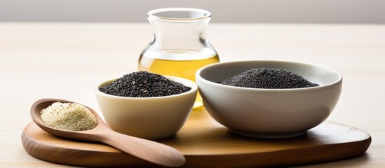 Sticker - Black sesame seed and oil commonly found in Asian food With copyspace for text