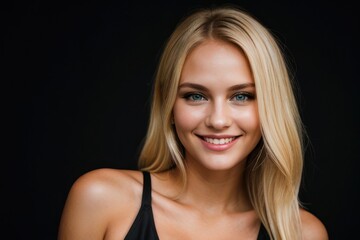 Wall Mural - Portrait beautiful blonde model woman with white teeth smile, healthy long hair and beauty skin on dark background. Concept of advertising dentist and facial care. Generative AI