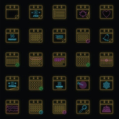 Poster - calendar icons set. outline illustration of 25 calendar vector icons neon color on black