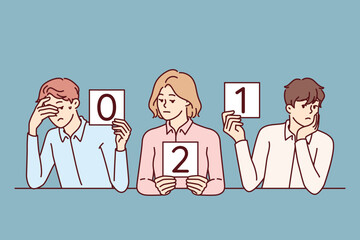 Frustrated business people show low marks to potential company employees participating in competitive interview. Corporate jury is disappointed by lack worthy candidates for vacant business position