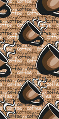 Fototapete - Background from the text is “coffee”. Cups of coffee, seamless pattern of cozy cups on text background. 
Coffee wallpaper with cups.