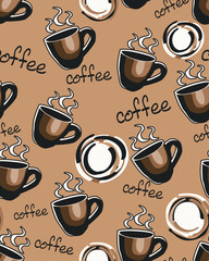 Poster - Brown coffee cups, seamless vector pattern. For print in a coffee shop, wallpaper, packaging.