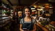 © Shubby Studio - Portrait of happy woman standing at doorway of her store. Cheerful mature waitress waiting for clients at coffee shop with didital tablet. Successful small business owner Generative ai