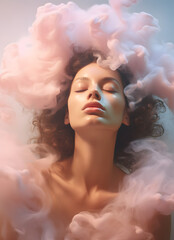 Wall Mural - Woman with her eyes closed and smoke in her hair. Abstract fashion concept