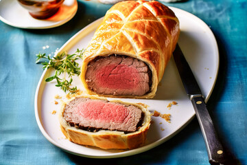 Delicious baked Beef Wellington wrapped in puff pastry. Holiday meal for family dinner. Hearty savory food