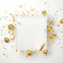 Wall Mural - Golden Celebration of White Card with Gold Confetti, Poppers, and Balloons.