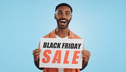 Wall Mural - Black Friday sales poster, happy man or surprise ads commercial, discount promo banner or studio sign. Billboard, info or portrait person presentation, announcement or notification on blue background