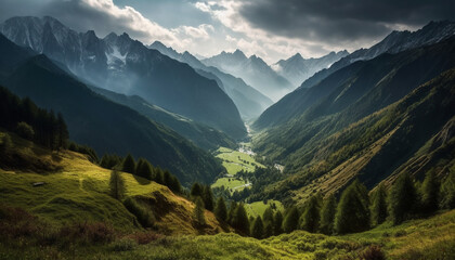 Sticker - Majestic mountain range, tranquil meadow, and blue sky in Asturias generated by AI