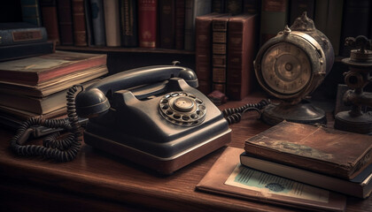 Fototapete - Antique rotary phone on old desk, amidst literature and memories generated by AI