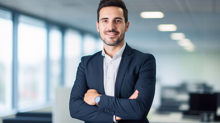 Wall Mural - Portrait of handsome businessman in suit with crossed arms, professional manager, confident businessman looking at camera.
