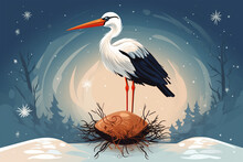 Christmas Illustration Of A Stork In Winter