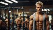 Attractive shirtless  male bodybuilder in shorts showing muscular torso and posing at gym.