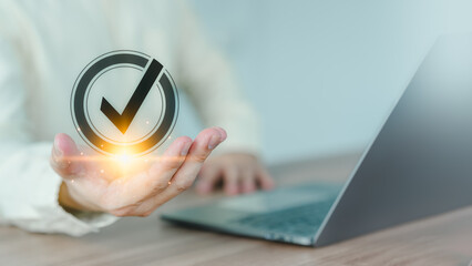Poster - User man showing on hand identity proofing icon for security protection system on virtual screen. Certified guarantee approval or secure access system concept. Quality assurance of business service.