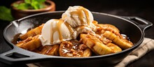 Bananas Foster Cooked At Home With Cinnamon Ice Cream And Cast Iron Pan With Copyspace For Text