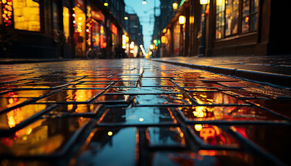 Sticker - Night architecture illuminated by window light, wet streets reflect city life generated by AI