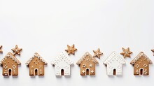 Christmas Flat Lay With Gingerbread Houses And Cinnamon Star Cookies, White Background With Copy Space, Xmas Decoration Top View, Ai Generated 
