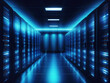 Server racks in data center. Modern server room for cloud computing. Dark supercomputer interior