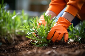 gardener hand closeup plant and watering small plant tree on soil ground nature concept