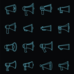 Poster - Megaphone loud speaker icons set. Outline illustration of 16 megaphone loud speaker vector icons neon color on black