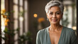 © anandart - portrait of a latin mature woman with short hair smiling beautiful looking at camera, beautiful soft and smooth skin, space fot text