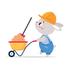 Sticker - Bunny Builder Character Push Wheelbarrow with Shovel Vector Illustration