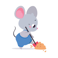 Wall Mural - Grey Mouse Builder Character Dig Sand with Shovel Vector Illustration