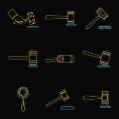 Poster - Judge hammer icons set. Outline illustration of 9 judge hammer vector icons neon color on black
