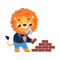 Poster - Lion Builder Character Laying Bricks with Palette Knife Vector Illustration