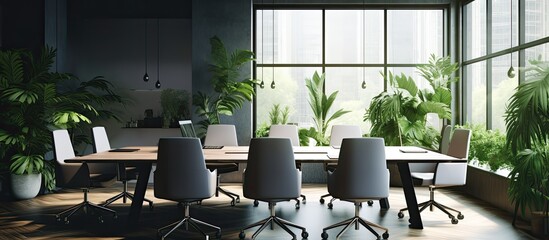 Poster - empty modern office or coworking space ready for corporate meeting with copyspace for text