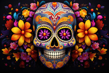 Mexico's Day Of The Dead Celebration (dia De Los Muertos) (day Of Dead) Vibrant Magic Day Of The Dead Black Background / Colorful Mexican Decorative Sugar Skull