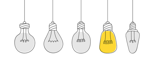 Poster - Set of hanging light bulbs one of which glowing. Linear light bulbs drawn by hand. Concept of idea, creativity, innovation and invention. Doodle vector graphic design