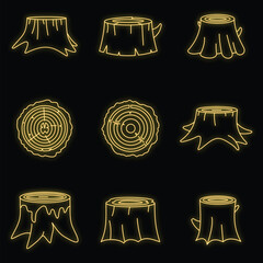 Poster - Stumps tree log wood icons set. Outline illustration of 16 stumps tree log wood vector icons neon color on black