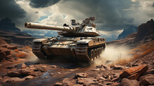 Tank As A Defense Mission. Explosion And Destructions Caused By War. Army Battle, Artillery Weapons Force Conflict.