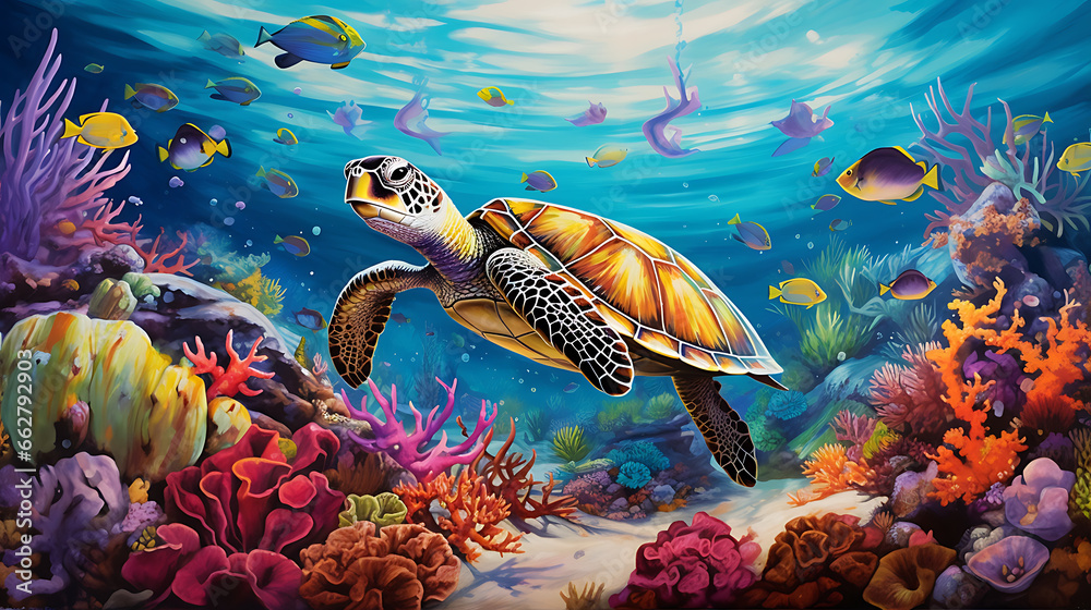 Craft a scene of a colorful and vibrant coral reef teeming with marine ...