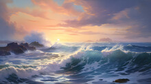 Capture A Moment Of A Serene Coastal Cliff At Dawn, With Waves Crashing Against The Rocks And A Dramatic Sky Painted In Pastel Colors, Epitomizing The Raw Power And Sublime Beauty Of Coastal Landscape