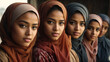 Group of beautiful young muslim women wearing hijab looking at camera