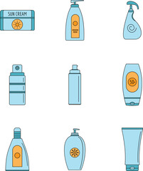 Poster - Sunscreen sun protection logo icons set. Outline illustration of 9 sunscreen sun protection logo vector icons thin line color flat on white
