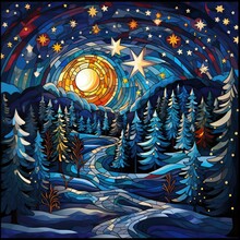 Winter Night Landscape In Stained Glass Style