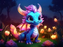 A Beautiful Cute Purple Magic Dragon With Big Kind Eyes Sits Against The Backdrop Of A Fairy Forest. A Wonderful And Sweet Character.