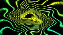 Accelerating And Decelerating A Large Wavy Yellow Vortex Of Light Particles On A Black Abstract Background.