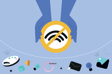 Aufkleber - Digital detox hands concept in the flat cartoon design. Separation of real life from life in online networks is the main motto of this work. Vector illustration.